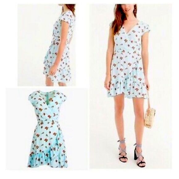 J Crew Mercantile blue floral faux wrap style ruffle dress size 4. - Picture 1 of 7